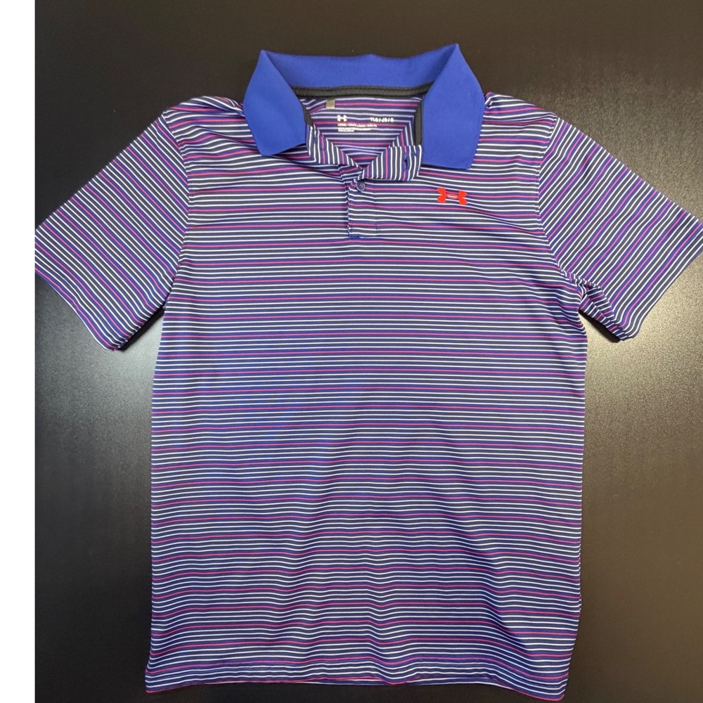 Under Armour Boys Blue Striped Short Sleeve Polo Shirt YLG HeatGear Loose Fit L1